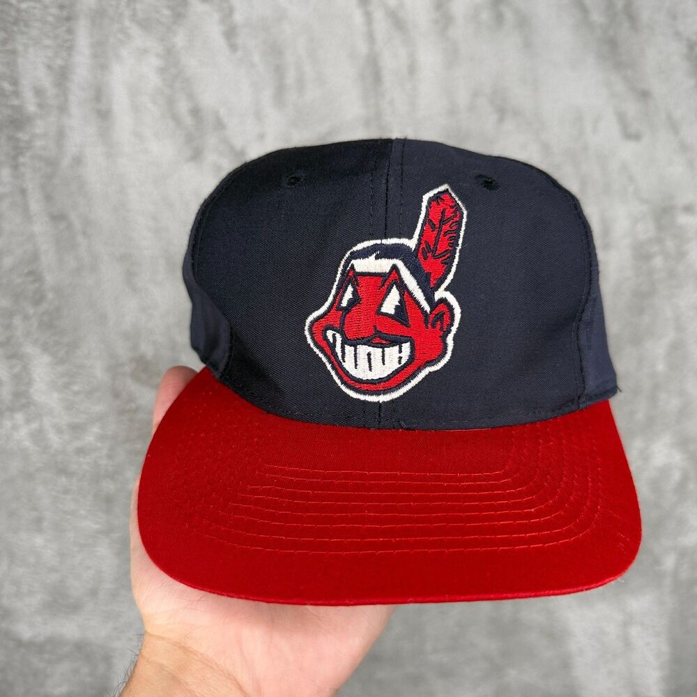 Vtg 90s Cleveland Indians Hat Snapback Logo 7 Chief Wahoo Big Face Blue Red MLB
